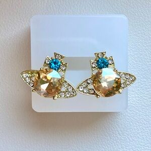 Gold-Tone Champagne & Teal Crystal Planet Stud Earrings